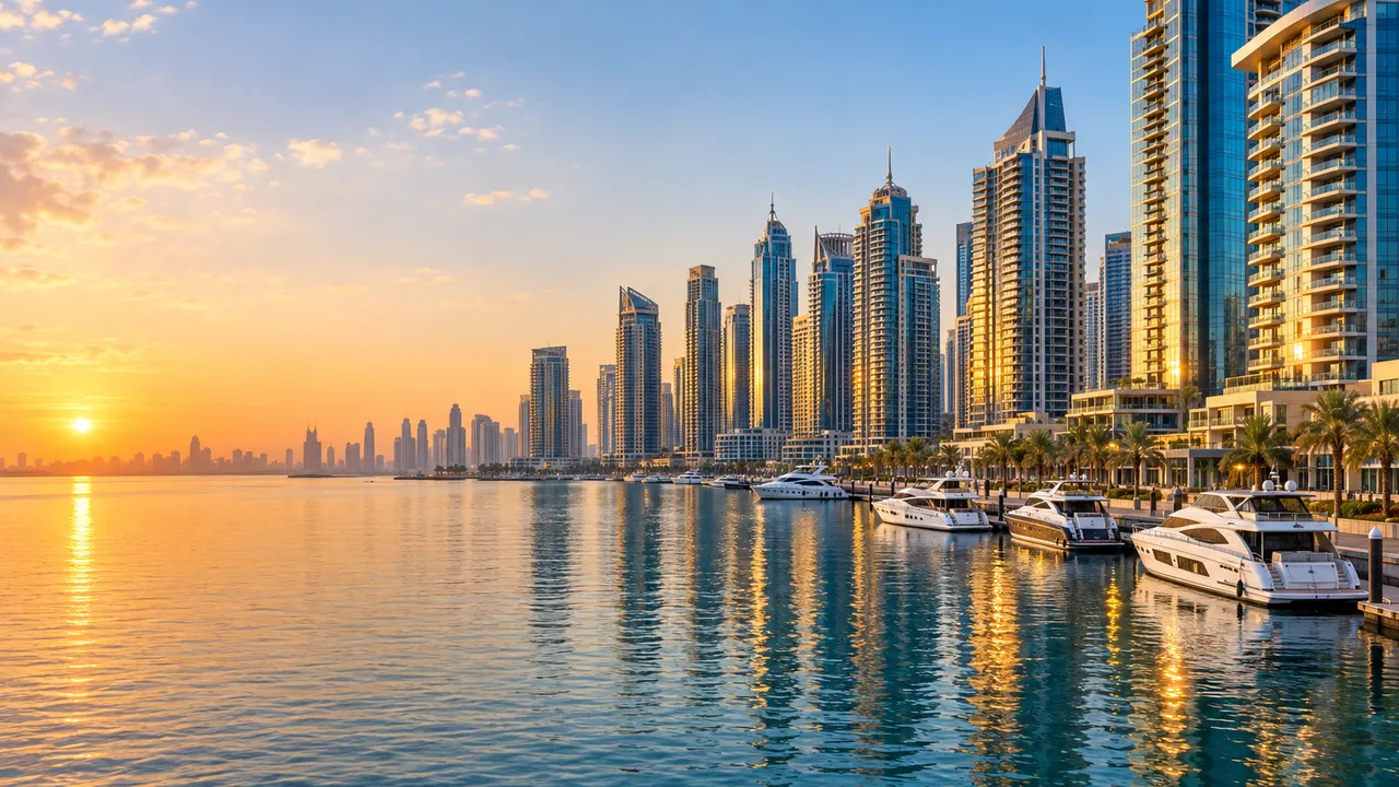Towers and yachts along Dubai Marina at golden hour