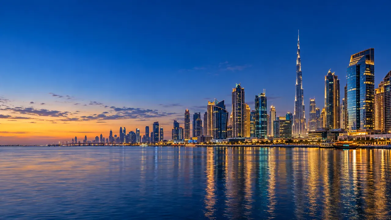 Dubai skyline at dusk seen across the water