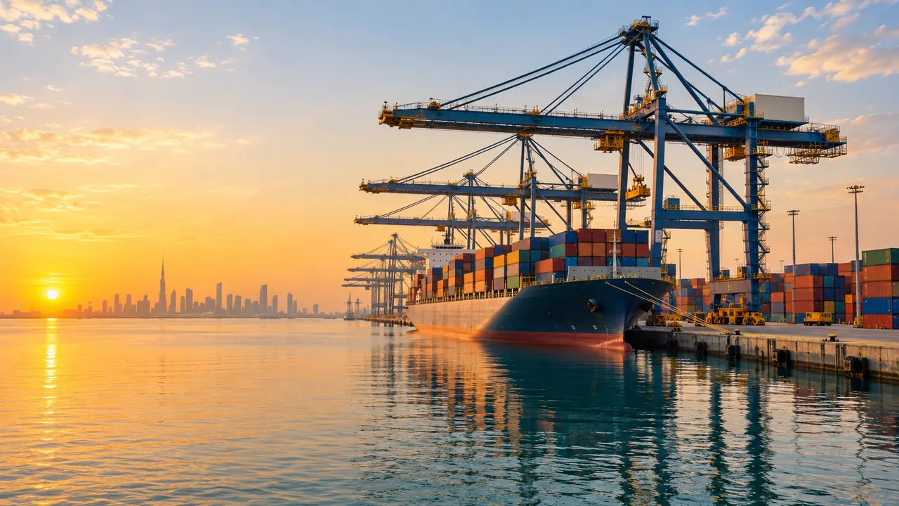 Container cranes at a UAE port at sunrise