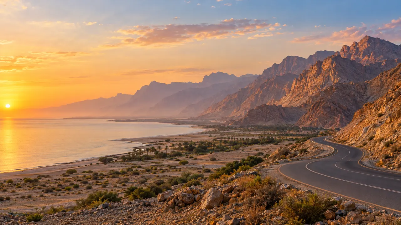 Mountains rising behind the coast in Ras Al Khaimah