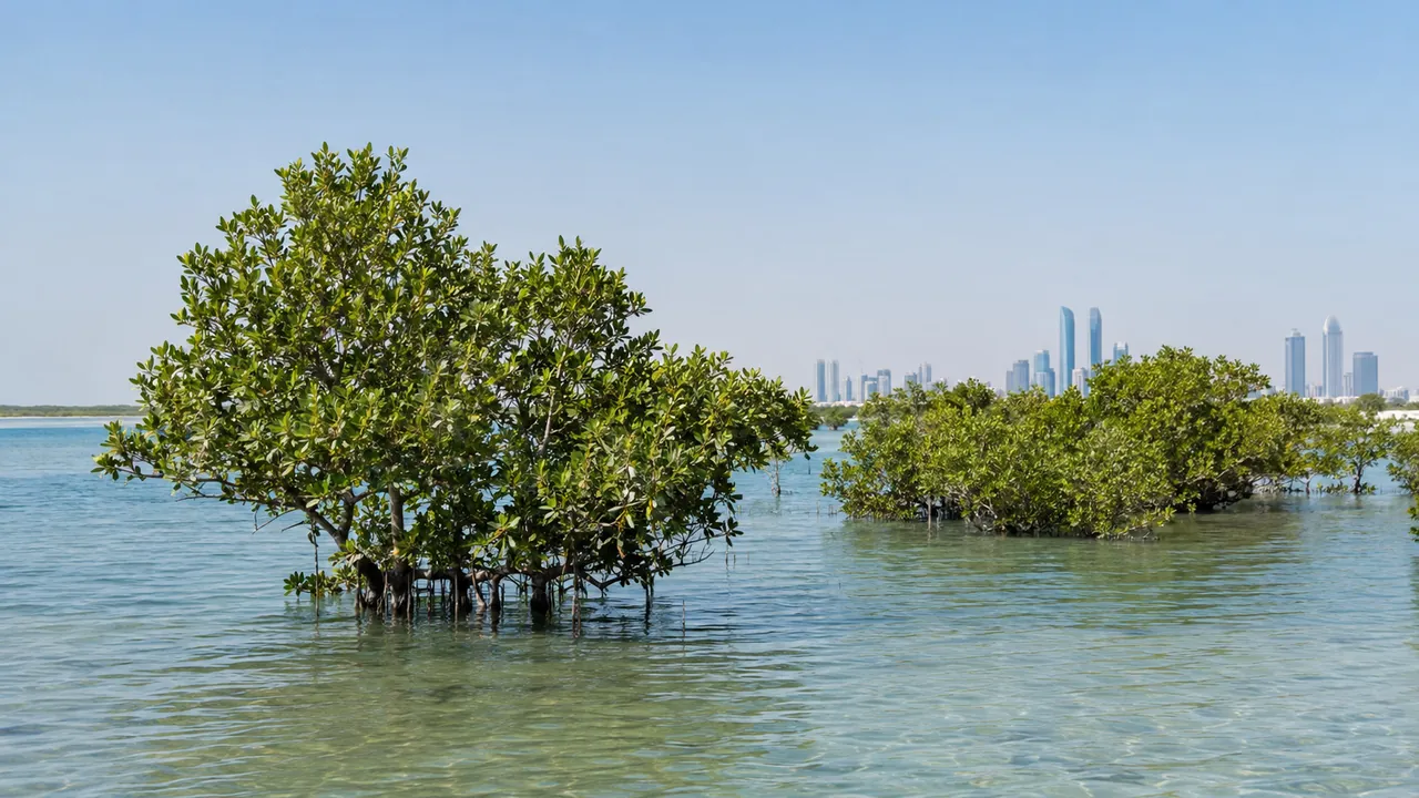 Green mangrove trees growing in calm, shallow coastal water in Abu Dhabi