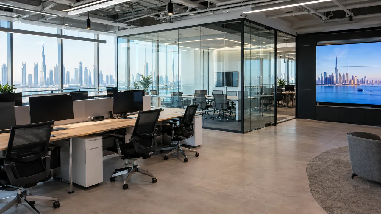 An open-plan modern technology office with glass meeting rooms and large screens, no people visible