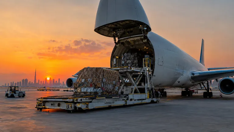 Cargo containers being loaded into a freighter aircraft on an airport apron at sunset