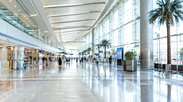 A bright, spacious airport terminal hall with high ceilings and distant, blurred travellers
