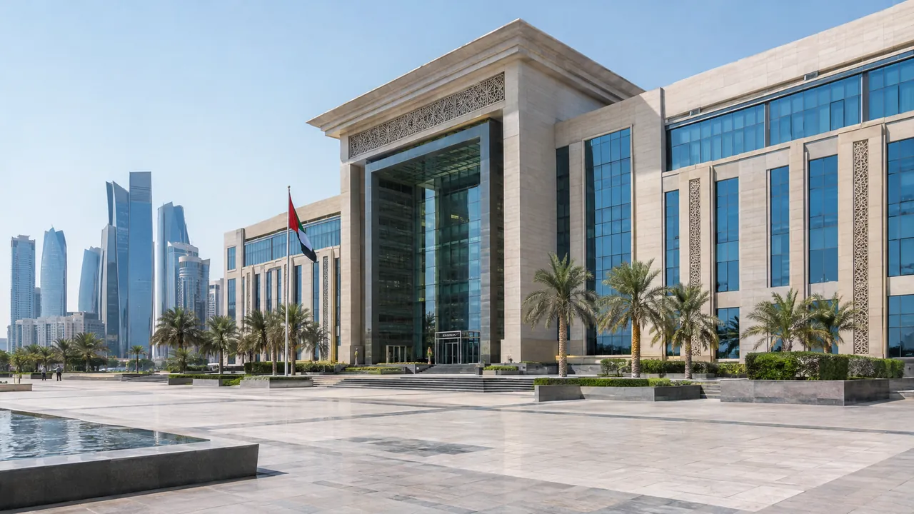 A modern stone and glass government building in Abu Dhabi with a wide plaza in front