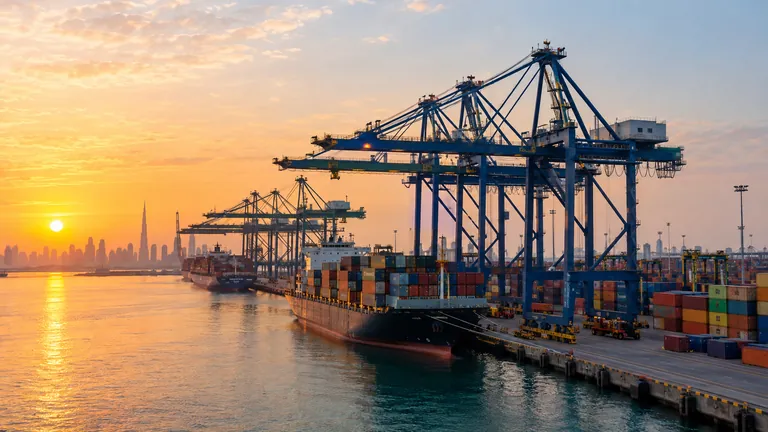 Container cranes and stacked shipping containers at a UAE port at sunrise