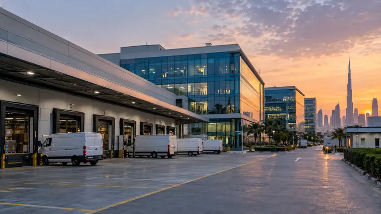 Modern logistics and office buildings in a Dubai free zone at dusk, with delivery vans in the loading yard
