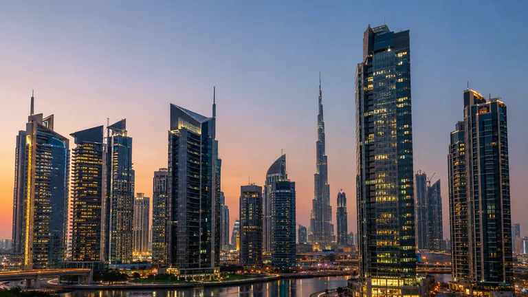 Office towers of a Dubai financial district at dusk, with lit windows and a calm sky