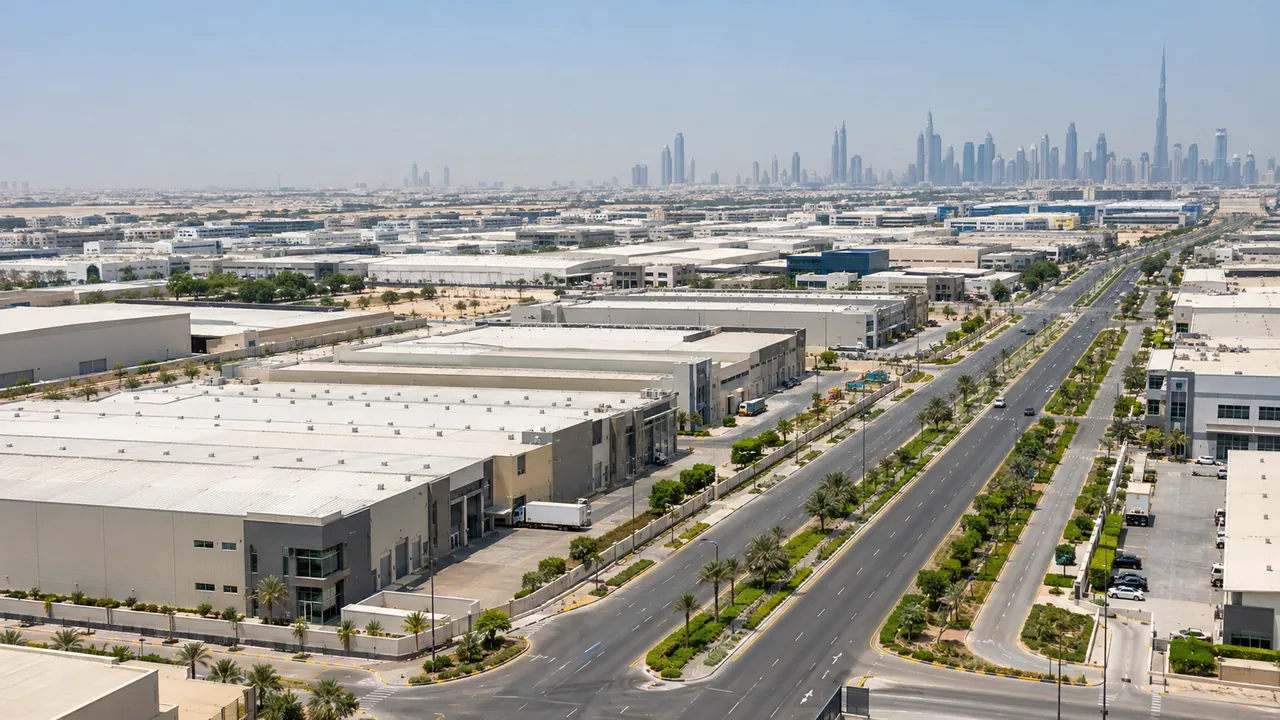Warehouses, light industrial buildings and wide roads in a Dubai business park seen from above