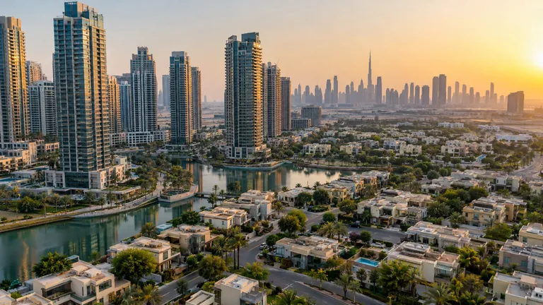 Residential towers and low-rise homes in a Dubai neighbourhood seen from above in late afternoon light