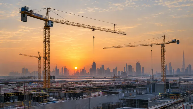 Tower cranes over a large infrastructure construction site in the UAE at sunrise