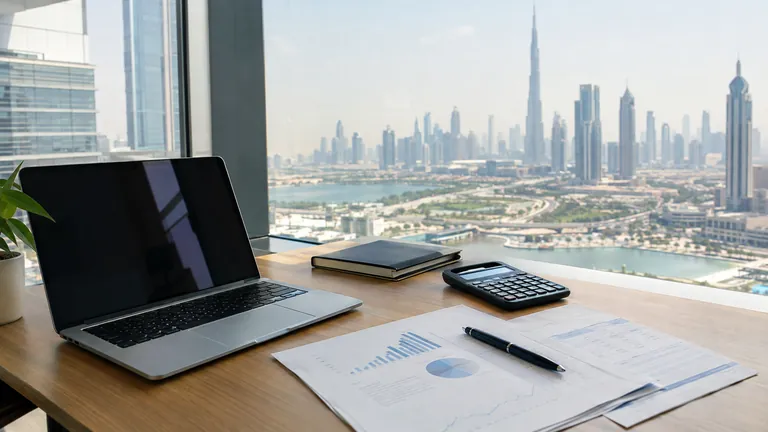 A tidy office desk with a laptop, printed documents and a calculator beside a window with city views