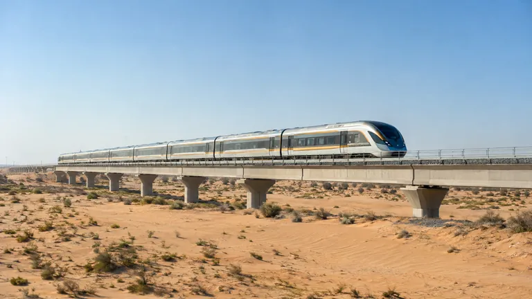 A modern passenger train crossing open desert on an elevated track under a clear sky