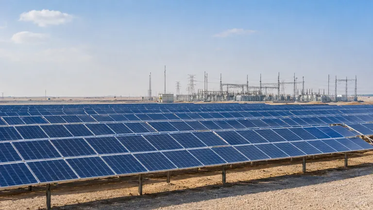 Rows of solar panels stretching across flat land under a bright sky, with a substation in the distance