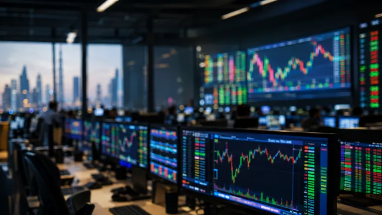 Rows of blurred trading screens showing coloured price charts in a dim trading room
