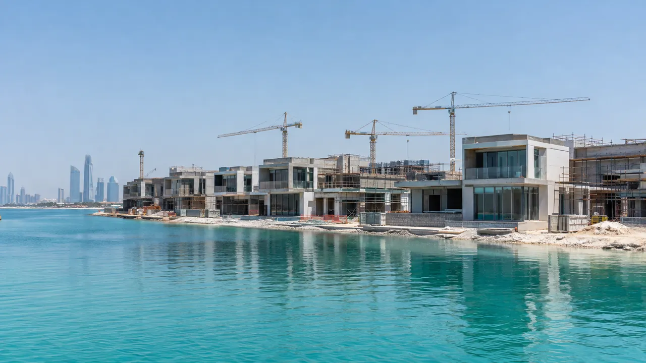 New waterfront villas under construction beside a lagoon on an Abu Dhabi island, with cranes in the background
